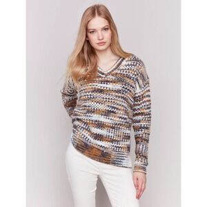 Charlie B Sweater Women S Space Dye V-Neck Hi-Low Pullover Brown Slouchy Relaxed